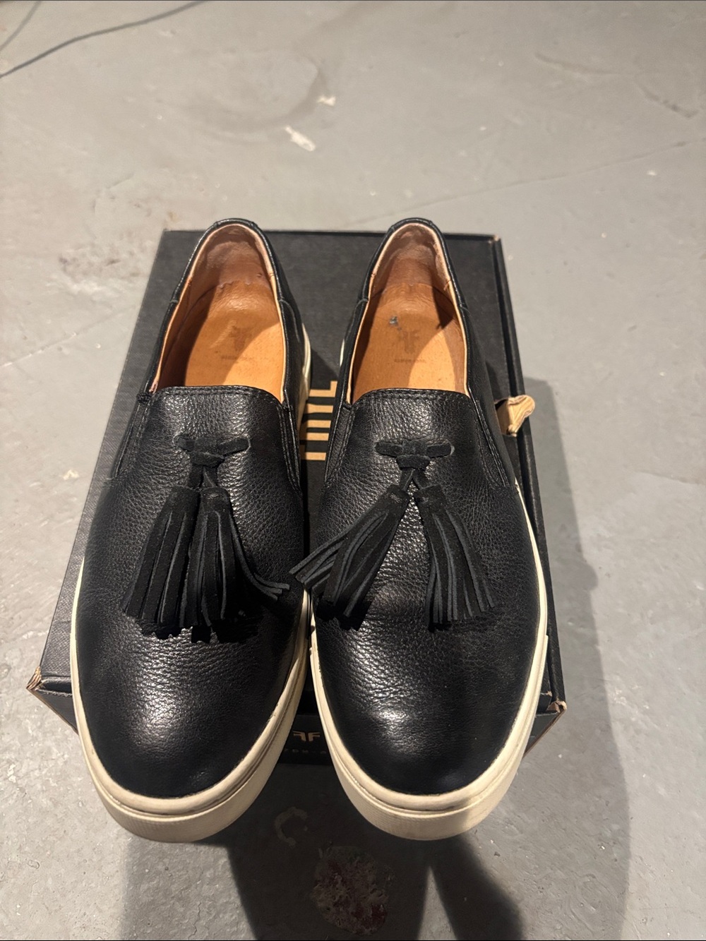 Frye Black Leather Tassel Slip-On Sneakers